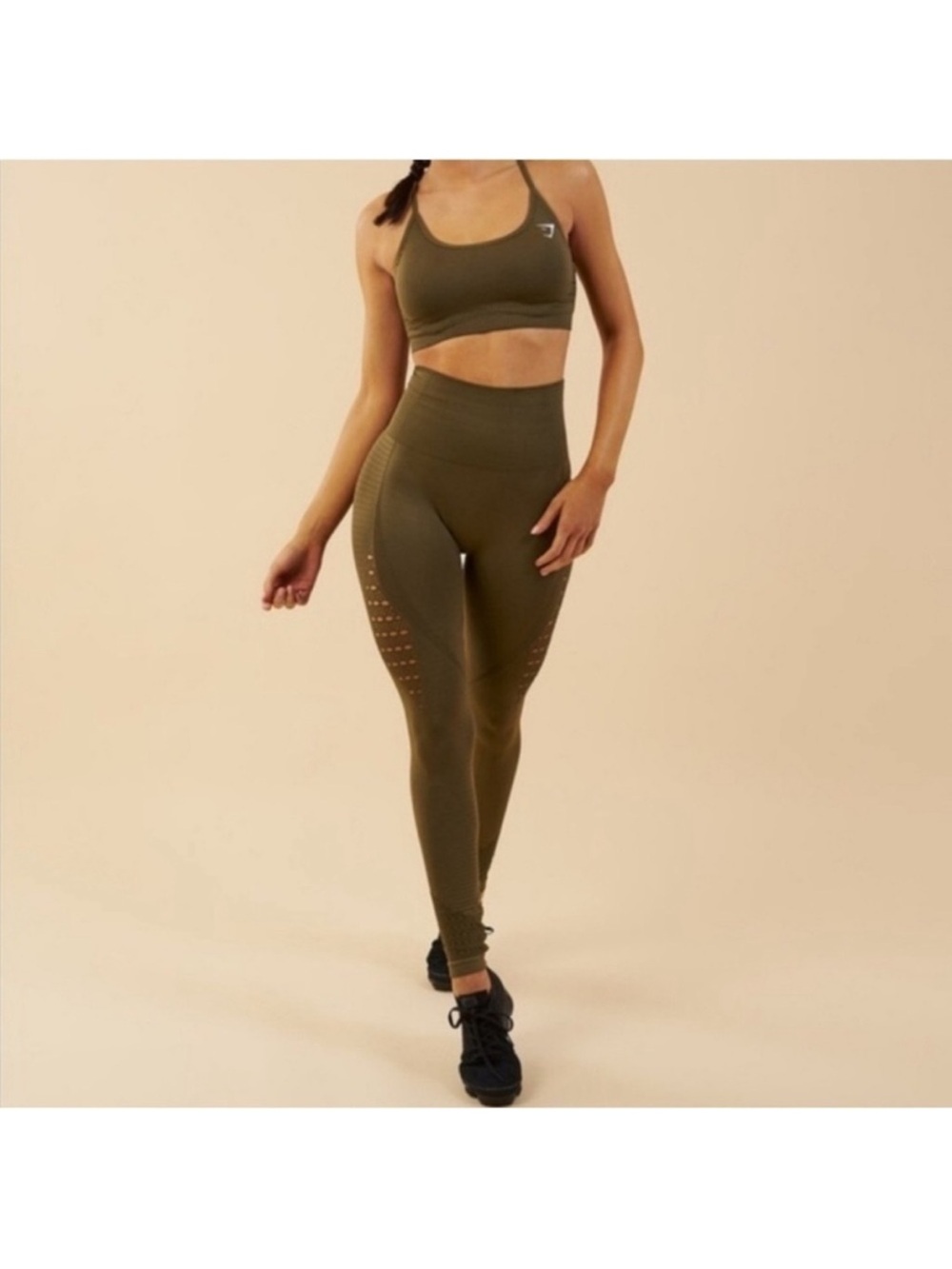 Gymshark Olive High-Waist Seamless Leggings with Perforated Detailing